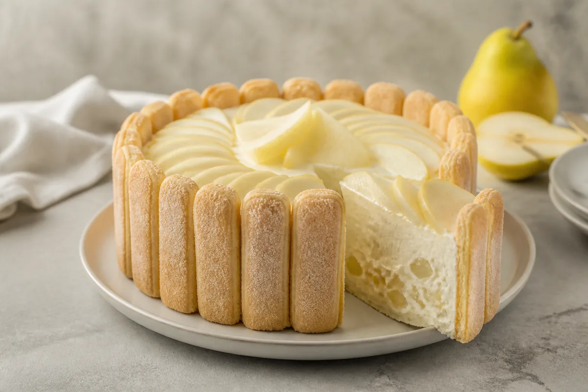 Une charlotte aux poires, biscuits à la cuillère et crème mascarpone
