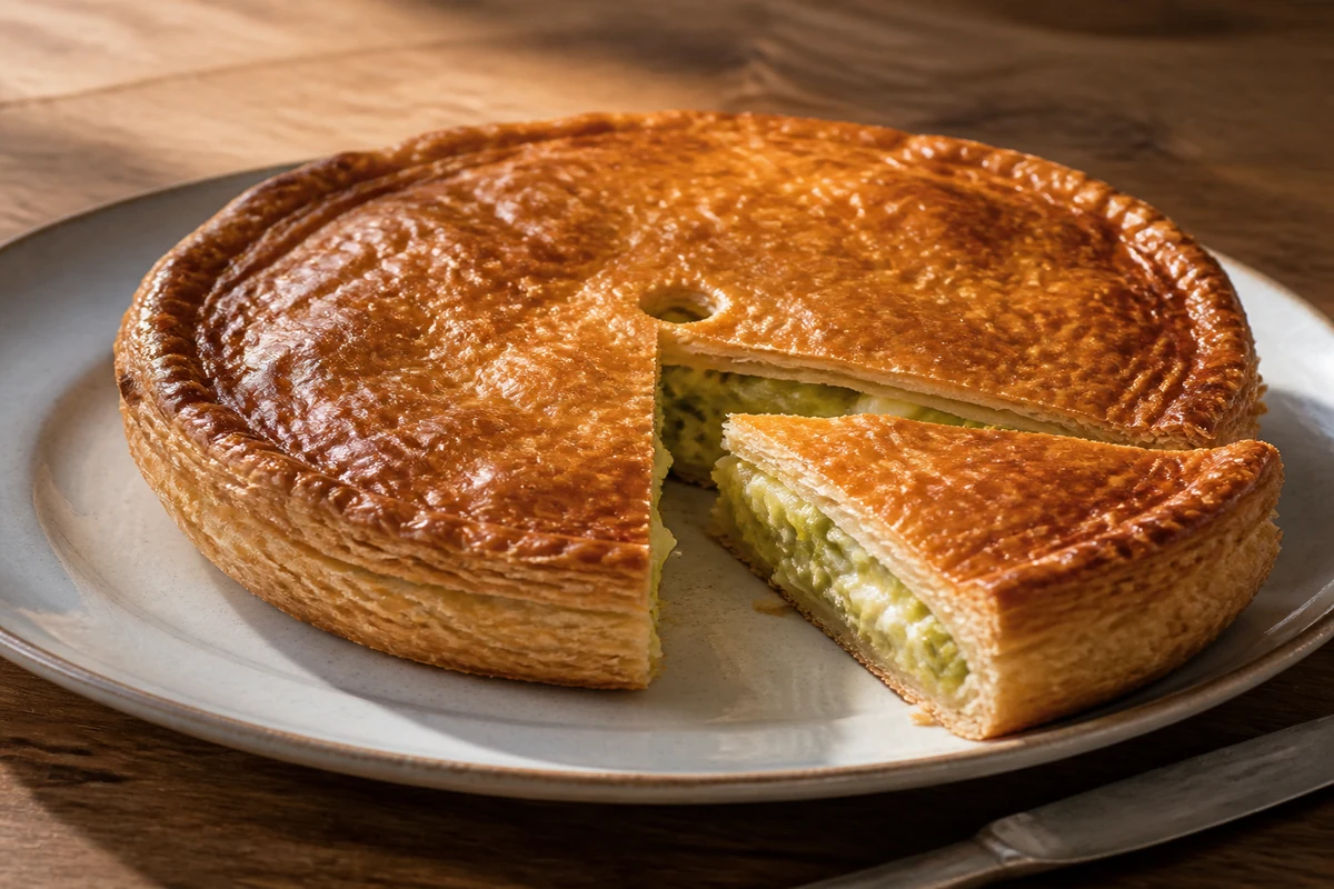 Une tourte flamiche picarde dorée révélant sa garniture fondante de poireaux