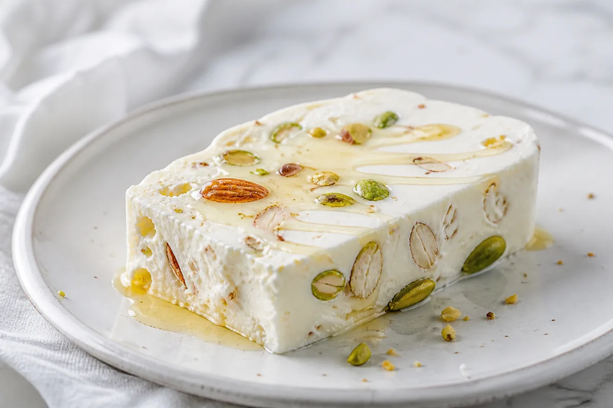 Un nougat glacé aux amandes, pistaches et miel
